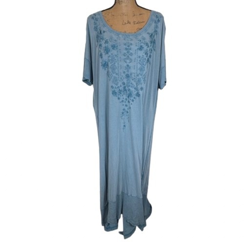 Caite Blue Embroidered Cotton Maxi Dress Short Sleeve Boho Lagenlook Size 1X